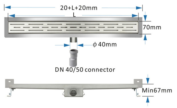 Titan 150SWF RVS Drain / Douchegoot 150 cm + Muurflens (BODY) Zij-uitlaat 